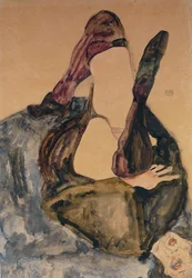 Mujer con pierna levantada y medias moradas, 1911