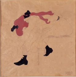 Joven con cinta negra en el pelo rojo, poniéndose los zapatos, 1909
