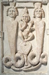 Harpócrates en loto, copto (piedra caliza)