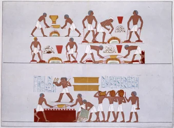 Taller de los Fundidores de Oro de Rothennou - facsímil de los frescos del Templo de Karnak, en “Historia del Arte Egipcio” por Prisse d