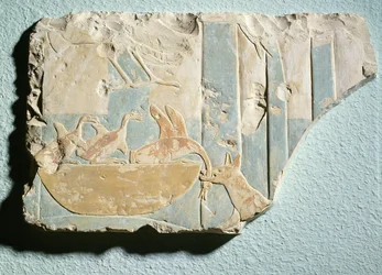 Relieve que representa una incursión de un animal parecido a un perro en un nido de pájaros, del templo funerario del Rey Montuhotep II, Reino Medio