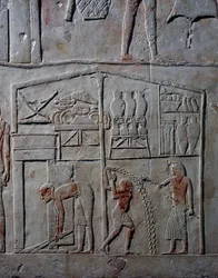 Disposición de alimentos en almacenes, relieve mural en piedra caliza, de la tumba menfita de Horemheb en Saqqara, Civilización egipcia, Reino Nuevo, Dinastía XVIII