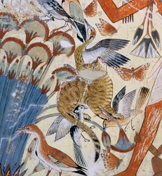 Detalle de un gato, de Nebamun cazando en los pantanos con su esposa y su hija, parte de una pintura mural de la capilla funeraria de Nebamun, Tebas, Imperio Nuevo, h. 1350 a. C.