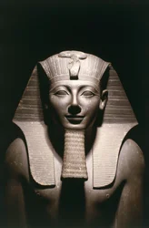 Egipto, detalle de la estatua de Tutmosis III (antes de 1479 - hacia 1425 a. C.), dinastía XVIII, del templo de Amón en Karnak, Luxor, basalto