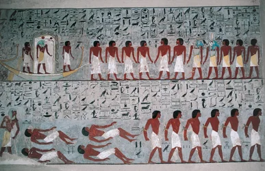 Egipto, Luxor, Valle de los Reyes, Tumba de Horemheb, pintura mural