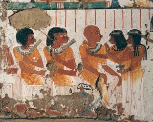 Egipto, Necrópolis de Tebas Oeste, Tumba de Nenamon e Ipuki. Fresco que representa ofrendas de collares a los difuntos. (Reino Nuevo, Dinastía XVIII)