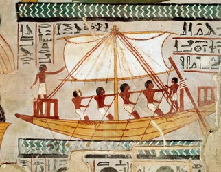 Antigüedad egipcia: un barco en el río regresando de la peregrinación a la tumba de Osiris, Abydos. Dinastía XVIII. Fresco de la tumba de Sennefer (TT 96) de la zona de tumbas de los nobles en Gournah. Sheikh Abd el-Gournah (el Gournah), Luxor, Egipto