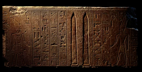 Antigüedad egipcia: detalle de un fresco grabado que representa a la Reina Hatshepsut (izquierda) y dos obeliscos en el templo de Amón - Año 15 de su reinado (1475-1468 a.C.) XVIII dinastía - Luxor, Museo de Arte Egipcio