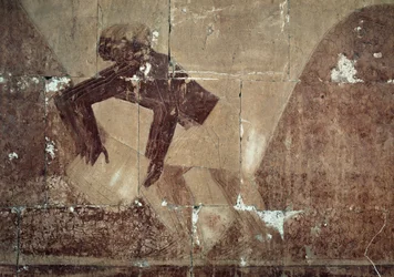 Intercambio de alimentos, detalle de escena que representa la expedición al País de Punt, relieve pintado, Columnata de Punt, Templo Mortuorio de Hatshepsut, Deir el-Bahari, Necrópolis tebana, Civilización egipcia, Reino Nuevo, Dinastía XVIII