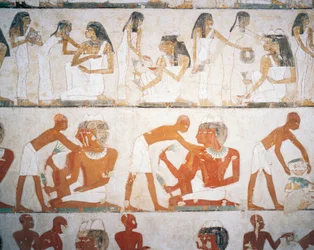 Festín funerario, hombres y mujeres poniéndose joyas, fresco, Tumba de Rekhmire (TT100), Jeque Abd el-Qurna, Tebas (Lista del Patrimonio Mundial de la Unesco).