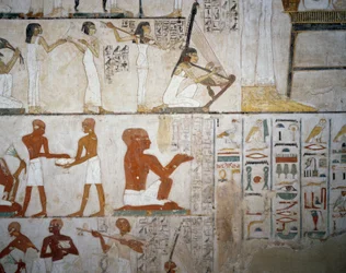 Banquete funerario con músicos femeninas, hombres y músicos, detalle de los frescos en la Tumba de Rekhmire, Necrópolis de Sheikh Abd el Qurnah, Luxor, Tebas (Lista del Patrimonio Mundial de la Unesco)