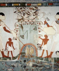 Menna y su familia pescando y cazando aves en los pantanos del Nilo, detalle de los frescos en la capilla de la Tumba de Menna, Necrópolis de Sheikh Abd el Qurnah, Luxor, Tebas (Lista del Patrimonio Mundial de la Unesco)