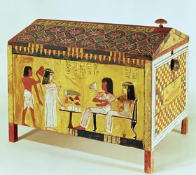 Cofre pintado con una escena de banquete de la tumba de Kha encontrado en Deir el-Medina, Nuevo Reino