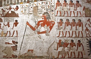 Pintura decorando la tumba de Rekhmire, representado rodeado de sus sirvientes (fresco)