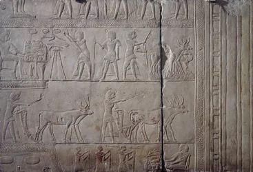 Faraón Horemheb, representado mientras realiza labores agrícolas en los campos de Iaru, recibiendo la cosecha ofrecida por los campesinos, relieve mural en piedra caliza, procedente de la Tumba Menfita de Horemheb en Saqqara, Civilización egipcia, Reino Nu