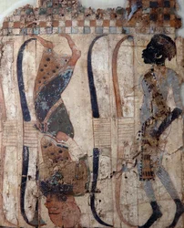 Prisioneros de países conquistados, pintado sobre material de la Tumba de Tutankhamón, Civilización egipcia, Reino Nuevo, Dinastía XVIII, Detalle del rostro