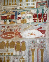 Provisiones y cerámica ofrecidas a los dioses por la reina Hatshepsut, relieve pintado, Capilla de Anubis, Templo Mortuorio de la reina Hatshepsut, también conocido como Djeser-Djeseru, Deir el-Bahri, Tebas. Civilización egipcia, Reino Nuevo, Dinastía XVII