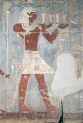 Escena con la reina haciendo una ofrenda, sala sureste, pared este, patio superior, Templo Mortuorio de Hatshepsut, Deir el-Bahari, Necrópolis Tebana (Lista del Patrimonio Mundial de la UNESCO