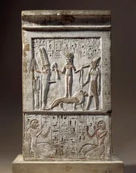 Siria, Kadesh, Estela ofrecida por Huy, artesano del Valle de los Reyes: donante adorando a la diosa Kadesh y al dios Rechep.
