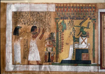 El difunto Kha y su esposa Merit adorando a Osiris, señor del más allá - Papiro del Libro de los Muertos