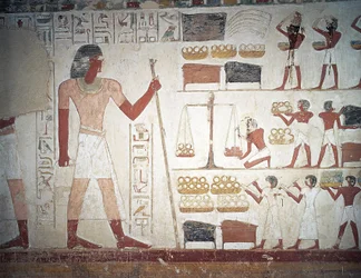 El pesaje del cobre, fresco, Tumba de Userhat, tutor y escriba durante el reinado de Amenhotep II, también conocida como tumba TT56, Sheikh Abd el-Qurna, Tebas (Lista del Patrimonio Mundial de la Unesco)