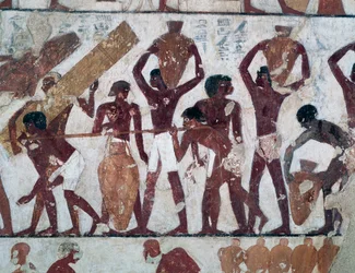 Transporte de alimentos para abastecer los almacenes del Templo de Amón, Tumba de Rekhmire, también conocida como Tumba TT100, Jeque Abd el-Qurna, Necrópolis tebana (Lista del Patrimonio Mundial de la Unesco).
