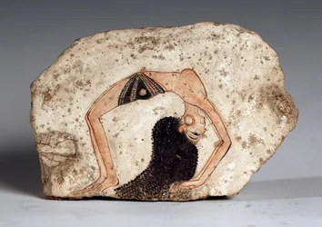 Una mujer acróbata bailarina, Ostrakon. Piedra caliza, circa 1295-1186 a.C.