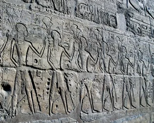 Personajes que simbolizan los distritos mineros trayendo sus tributos al dios, relieve, Patio de Ramsés II, Templo de Amón (Lista del Patrimonio Mundial de la Unesco