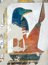 Guardián con cabeza de cocodrilo de la tercera puerta del Reino de Osiris, capítulo 146 del Libro de los Muertos, fresco, cámara funeraria, Tumba de Nefertari (QV66), Valle de las Reinas, Tebas. Civilización egipcia, Reino Nuevo, Dinastía XIX.