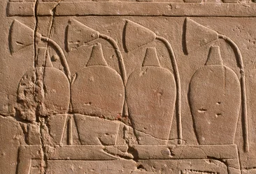 (detalle) de un relieve que representa jarras y flores de loto
