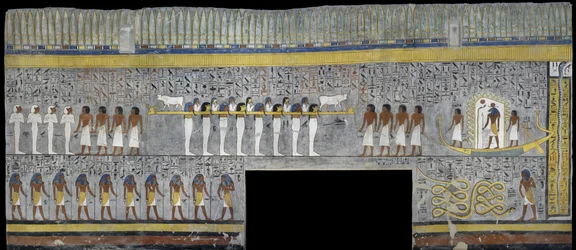 Egipto, Tebas, Luxor, Valle de los Reyes, Tumba de Ramsés I, pintura mural de Ra en la barca solar en la cámara funeraria de la dinastía XIX