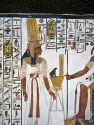 Egipto, Tebas, Luxor, Valle de las Reinas, Tumba de Nefertari, Anexo a la antecámara, Pinturas murales, Reina ante el escriba divino Thoth