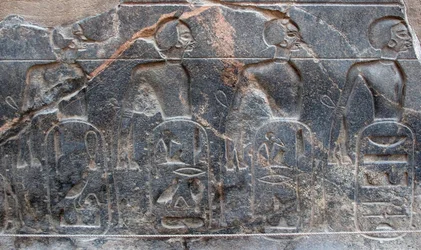 Antigüedad egipcia: detalle de un relieve decorando los emblemas de los territorios conquistados por el faraón Ramsés II (1292-1186 a.C.). Templo de Luxor. Orilla Este (Tebas), Egipto
