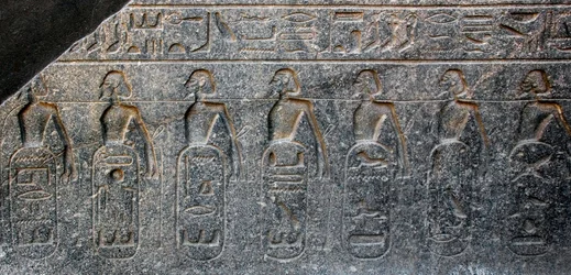Antigüedad egipcia: detalle de un relieve que decora los emblemas de los territorios conquistados por el Faraón Ramsés II (1292-1186 a.C.). Templo de Luxor. Ribera Este (Tebas), Egipto
