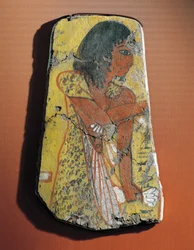 Fragmento de pintura sobre madera de limonero que representa a un sacerdote durante una ceremonia funeraria de Egipto, Deir el-Medina.