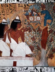 Diosa Isis, apareciéndose a Sennedjem y su esposa en un sicomoro sagrado, Tumba de Sennedjem, también conocida como tumba TT1, que data del reinado de Ramsés II, Deir el- Medina, Necrópolis tebana, Civilización egipcia, Reino Nuevo, Dinastía XIX