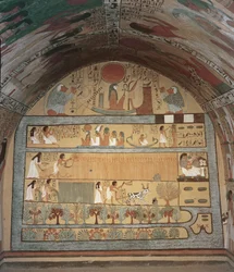Escena de cosecha en la pared oriental, de la tumba de Sennedjem, el poblado de los trabajadores, Imperio Nuevo (pintura mural)