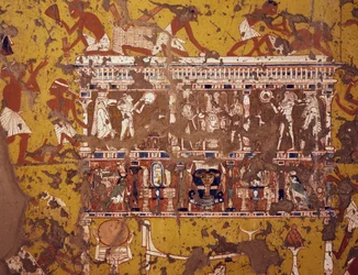 Elaboración de un féretro tallado, fresco, Tumba del escultor Ipy, Necrópolis tebana de Deir el-Medina (Lista del Patrimonio Mundial de la Unesco