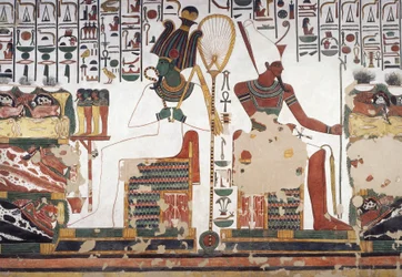 Osiris y Atum, fresco, pared este, cámara lateral este, Tumba de Nefertari (QV66), Valle de las Reinas, Tebas (Lista del Patrimonio Mundial de la Unesco)