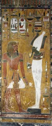 Osiris y Seti I, detalle de frescos en la cámara funeraria de la Tumba de Seti I, Valle de los Reyes, Luxor, Tebas (Lista del Patrimonio Mundial de la Unesco)