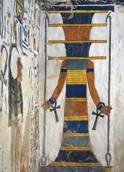 Osiris como pilar djed, sosteniendo un cetro was en cada mano y con un anj en cada muñeca, detalle del primer anexo occidental de la Tumba de Nefertari, Egipto, Tebas, Luxor, Valle de las Reinas, Tumba de Nefertari, anexo de la cámara funeraria