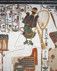 Osiris, fresco, pared este, cámara del lado este, Tumba de Nefertari (QV66), Valle de las Reinas, Tebas (Lista del Patrimonio Mundial de la Unesco