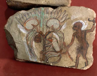 Ostrakon que representa a un mono recogiendo dátiles observado por un joven de Egipto, Tebas Occidental, Deir el-Medina