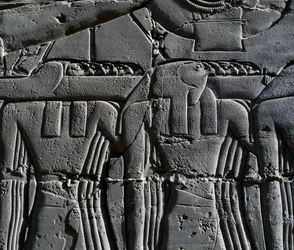 Sacerdote con máscara de halcón, detalle de la escena que representa a Ramsés II delante de la barca sagrada, relieve, paredes interiores de la Gran Sala Hipóstila, complejo del templo de Karnak (Lista del Patrimonio Mundial de la Unesco
