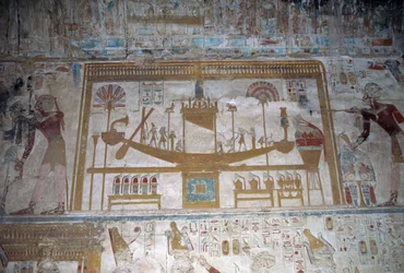 Barca sagrada, bajorrelieve, capilla de Osiris, Templo de Seti I