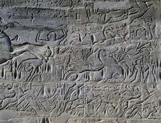 Campañas de Seti I en Siria y Palestina, relieve, muro exterior norte de la Gran Sala Hipóstila, complejo del templo de Karnak (Lista del Patrimonio Mundial de la Unesco