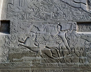 Campañas de Seti I en Siria y Palestina, relieve, muro exterior norte de la Gran Sala Hipóstila, complejo del templo de Karnak (Lista del Patrimonio Mundial de la Unesco