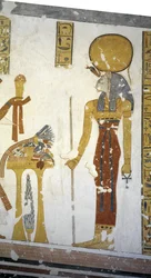Egipto, Tebas, Luxor, Valle de los Reyes, tumba del príncipe Mentuherkhepeshef, pintura mural de la diosa Bastet con cabeza de gato, dinastía XX