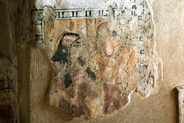 Antigüedad egipcia: representación de Shuroy y su esposa en adoración. Pintura de la Tumba de Shuroy (TT13). Dinastía 20. 1190-1077 a.C. Necrópolis de Dra Abu el-Naga, Orilla Oeste de Luxor, Egipto