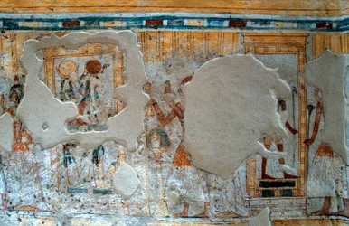 Antigüedad egipcia: representación de Shuroy y su esposa adorando al dios Thot y la diosa Ra. Tumba de Shuroy